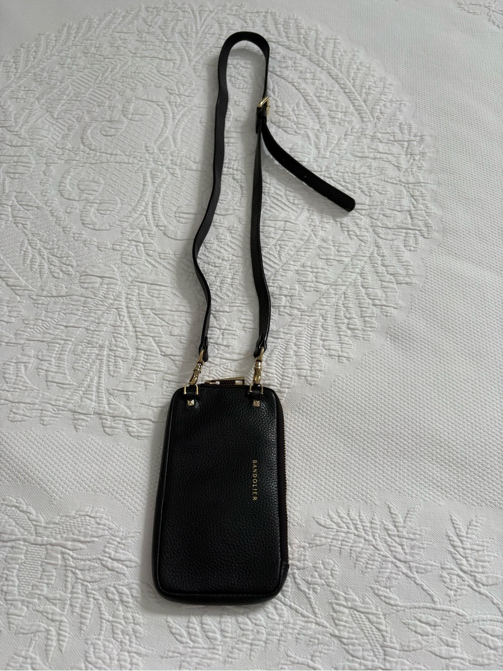 Bandolier expanded zip pouch black leather adjustable strap crossbody bag